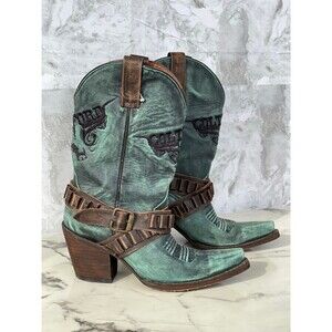Colt Ford Teal Cowboy Boots, Distressed Leather, Harness Straps, Western Boho 7